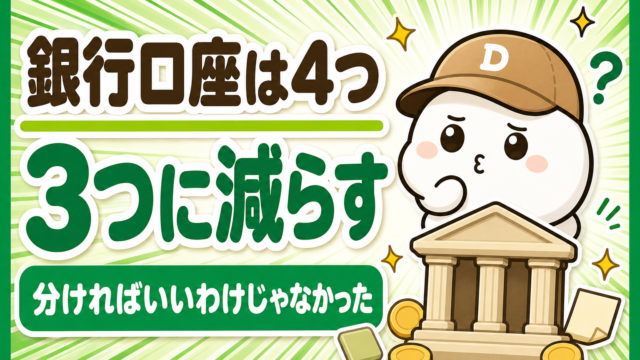 「銀行口座は4つ3つに減らす 分ければいいわけじゃなかった」と書かれた記事のアイキャッチ。キャップをかぶった大福のキャラクター「だいふく」が頭の横に「？」を浮かべて考えこんでいる。足元に銀行の建物とコインが置かれている