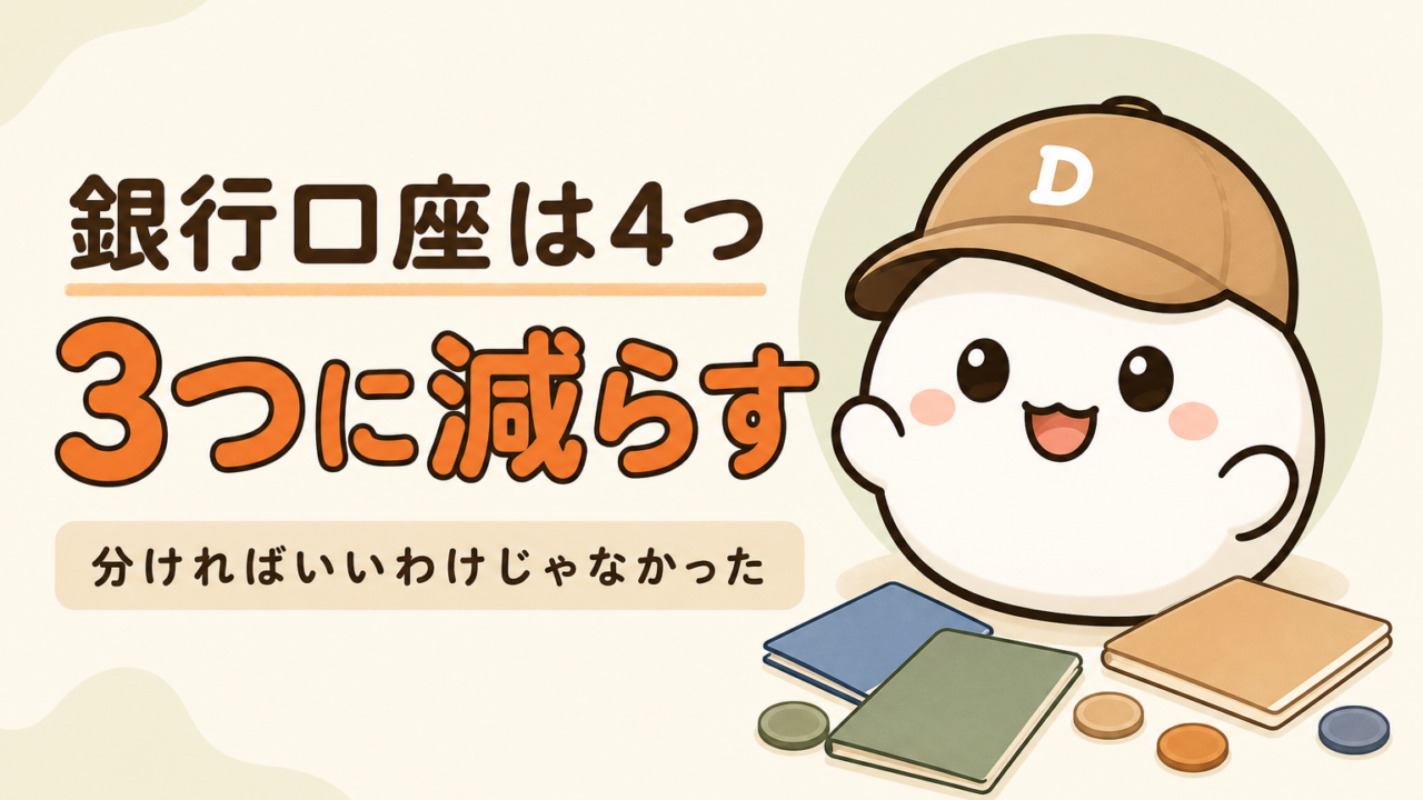 「銀行口座は4つ 3つに減らす 分ければいいわけじゃなかった」と書かれた記事のアイキャッチ。キャップをかぶった大福のキャラクター「だいふく」の足元に、無地の通帳が3冊とコインが置かれている
