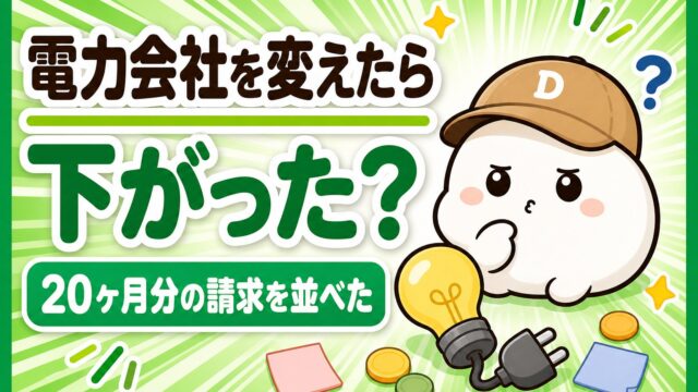「電力会社を変えたら下がった？ 20ヶ月分の請求を並べた」と書かれた記事のアイキャッチ。キャップをかぶった大福のキャラクター「だいふく」が頭の横に「？」を浮かべて考えこんでいる。足元に電球とコンセントのプラグが置かれている