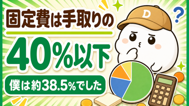 「固定費は手取りの40%以下 僕は約38.5%でした」と書かれた記事のアイキャッチ。キャップをかぶった大福のキャラクター「だいふく」が頭の横に「？」を浮かべて考えこんでいる。足元に無地の円グラフと電卓が置かれている