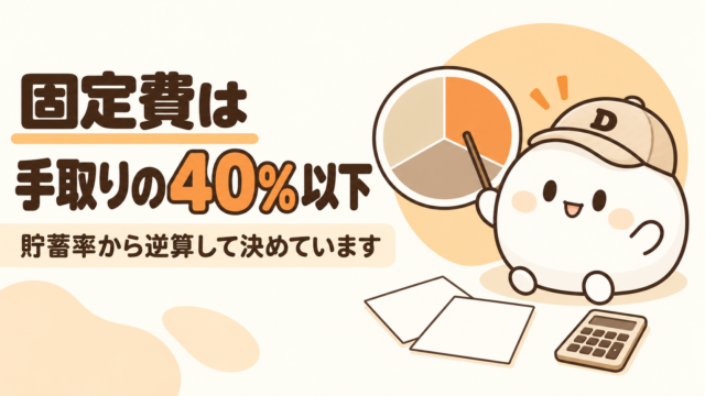 固定費は手取りの40%以下を目安にする考え方をまとめた記事のアイキャッチ。キャップをかぶった大福のキャラクター『だいふく』が円グラフを指さしている