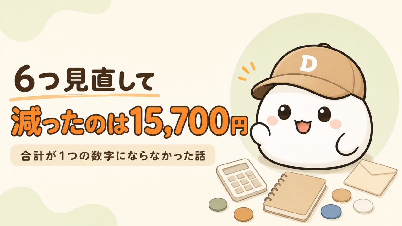 「6つ見直して 減ったのは15,700円 合計が1つの数字にならなかった話」と書かれた記事のアイキャッチ。キャップをかぶった大福のキャラクター「だいふく」の足元に、無地の電卓とノートと封筒とコインが置かれている