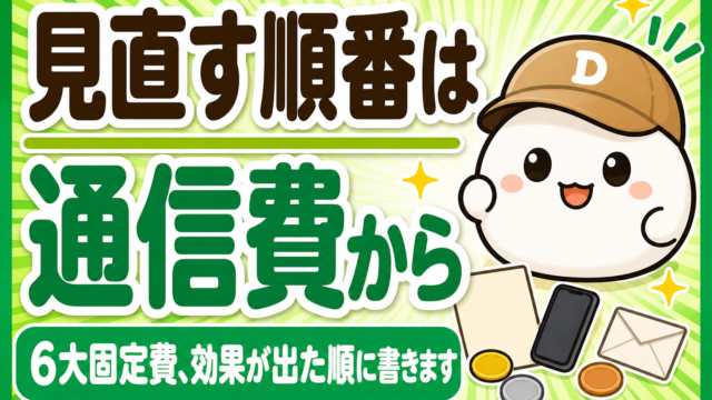 「見直す順番は通信費から 6大固定費、効果が出た順に書きます」と書かれた記事のアイキャッチ。キャップをかぶった大福のキャラクター「だいふく」の足元に、無地の請求書とスマホと封筒とコインが置かれている