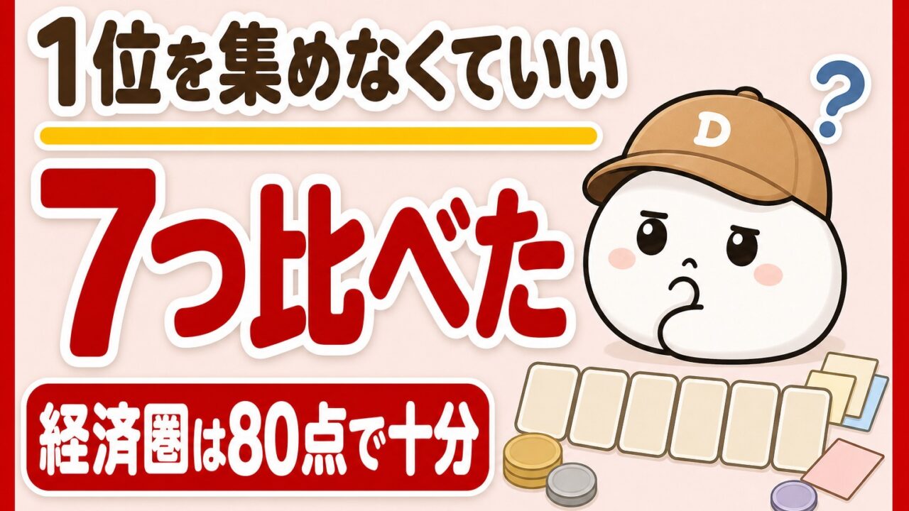 「1位を集めなくていい 7つ比べた 経済圏は80点で十分」と書かれた記事のアイキャッチ。キャップをかぶった大福のキャラクター「だいふく」が頭の横に「？」を浮かべて考えこんでいて、足元に無地のカードが横一列に並んでいる
