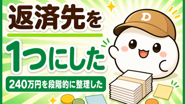 「返済先を1つにした 240万円を段階的に整理した」と書かれた記事のアイキャッチ。キャップをかぶった大福のキャラクター「だいふく」がにっこり笑っている。足元に束ねられた無地の明細書が置かれている