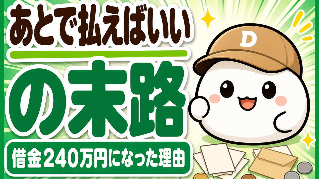 「あとで払えばいいの末路 借金240万円になった理由」と書かれた記事のアイキャッチ。キャップをかぶった大福のキャラクター「だいふく」の足元に、無地の紙と封筒とコインが置かれている