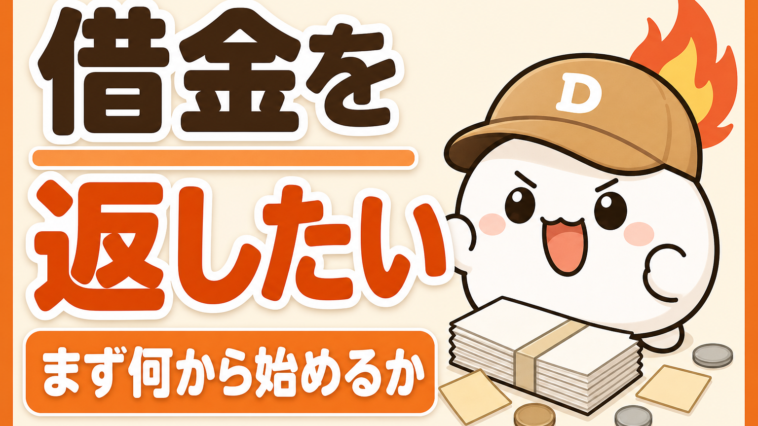 「借金を返したい まず何から始めるか」と書かれたカード。キャップをかぶった大福のキャラクター「だいふく」が気合いの入った顔をしていて、足元に束ねた無地の明細書が置かれている