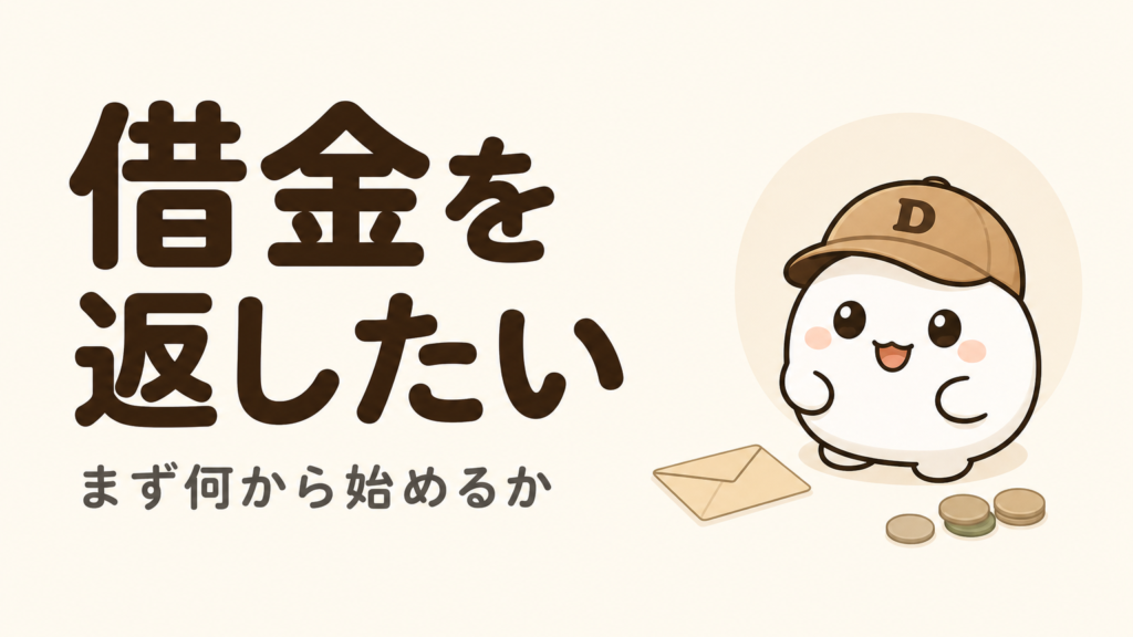「借金を返したい まず何から始めるか」と書かれたカード。キャップをかぶった大福のキャラクター「だいふく」と無地の封筒・コインが描かれている