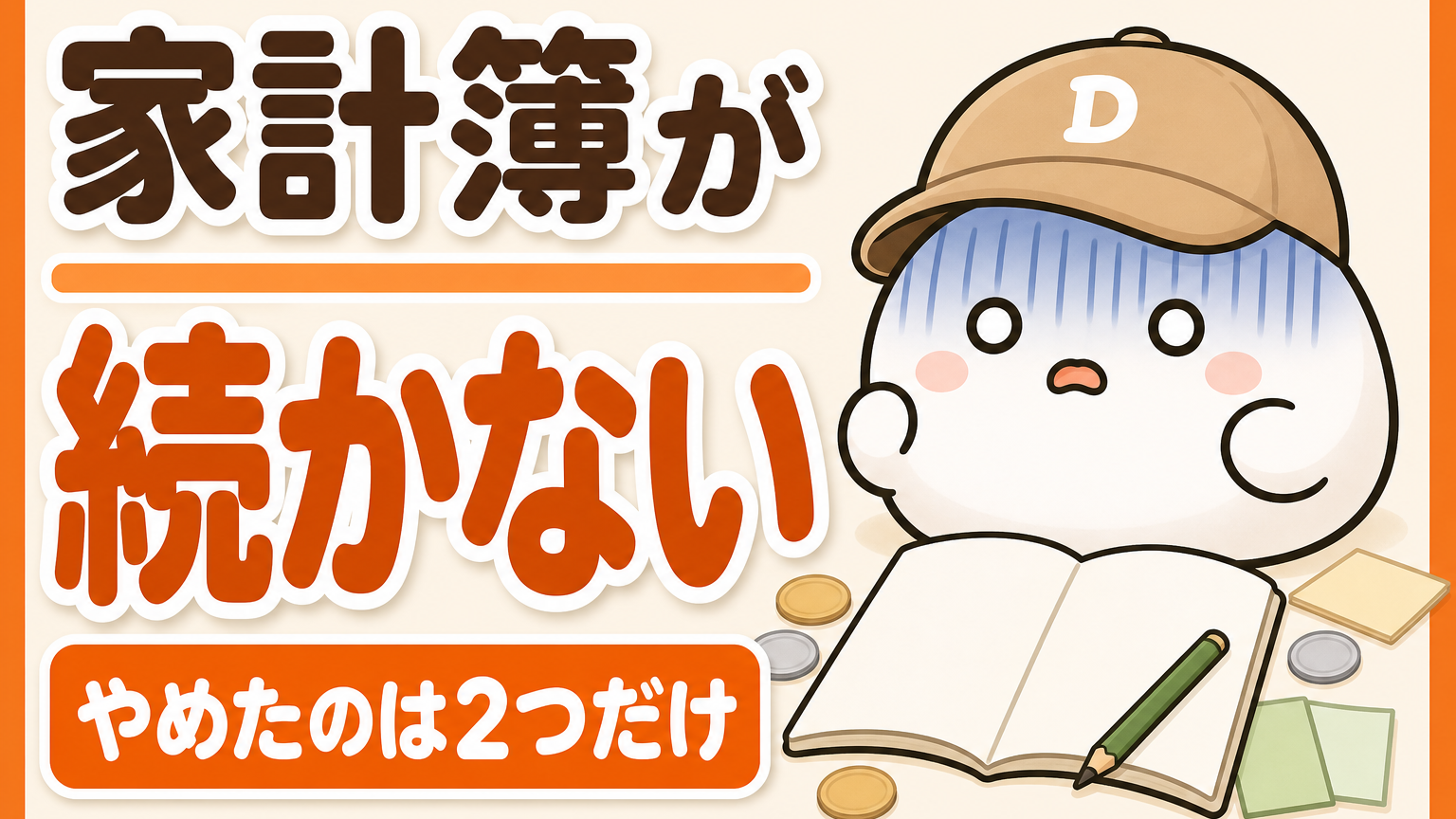 「家計簿が続かない やめたのは2つだけ」と書かれたカード。キャップをかぶった大福のキャラクター「だいふく」が困った顔をしていて、足元に開いた無地のノートとえんぴつが置かれている