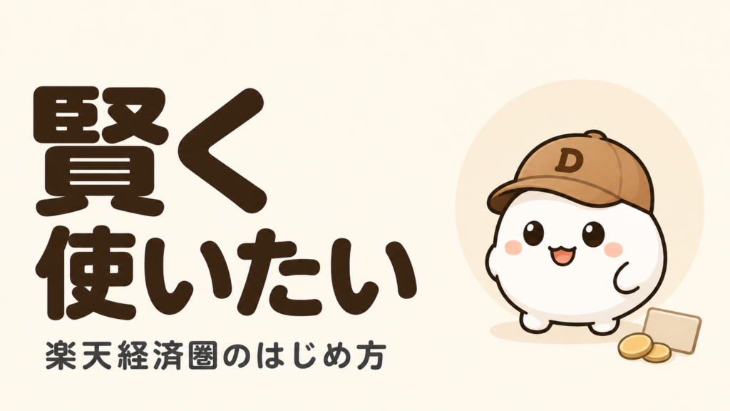 「賢く使いたい 楽天経済圏のはじめ方」と書かれたカード。キャップをかぶった大福のキャラクター「だいふく」と無地のカード・コインが描かれている