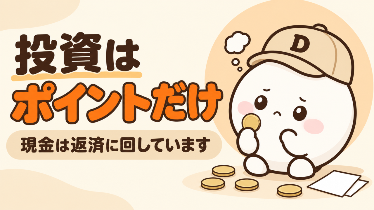 楽天ポイントだけで投資を始めた記事のアイキャッチ。キャップをかぶった大福のキャラクター「だいふく」が、コインを1枚つまんで考えている