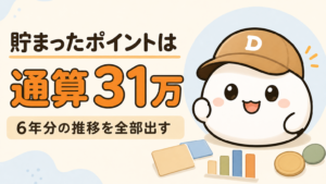 「貯まったポイントは通算31万 6年分の推移を全部出す」と書かれた記事のアイキャッチ。キャップをかぶった大福のキャラクター「だいふく」の足元に、無地のカードと棒グラフとコインが置かれている