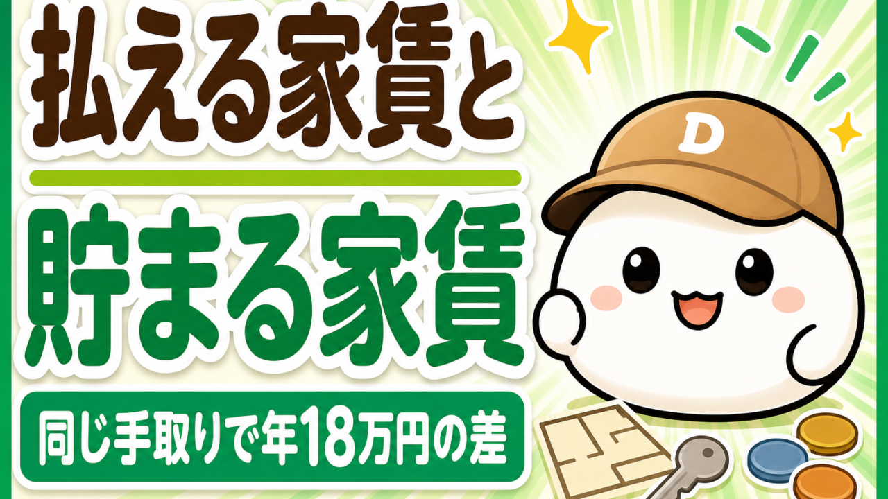 「払える家賃と貯まる家賃 同じ手取りで年18万円の差」と書かれた記事のアイキャッチ。キャップをかぶった大福のキャラクター「だいふく」の足元に、無地の間取り図と鍵とコインが置かれている