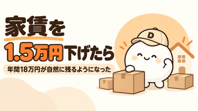 家賃を1.5万円下げて年間18万円が残るようになった家賃見直しの実体験記事のアイキャッチ。キャップをかぶった大福のキャラクター『だいふく』が引っ越しの段ボール箱の横で笑っている