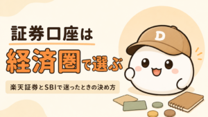 「証券口座は経済圏で選ぶ 楽天証券とSBIで迷ったときの決め方」と書かれた記事のアイキャッチ。キャップをかぶった大福のキャラクター「だいふく」の足元に、無地のカードとコインと無地のノートが置かれている