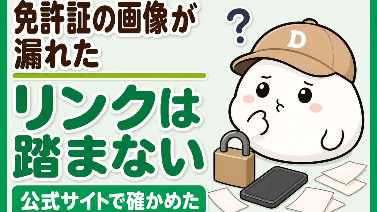 免許証の画像が漏れたときにメールのリンクを踏まず公式サイトで確かめたことを表すアイキャッチ。無地の南京錠とスマートフォンと、考えこむキャラクター